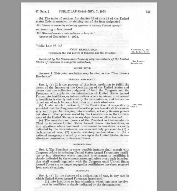 THE WAR POWER ACT of November 9 1973   War Powers Resolution   Public Law 93 148