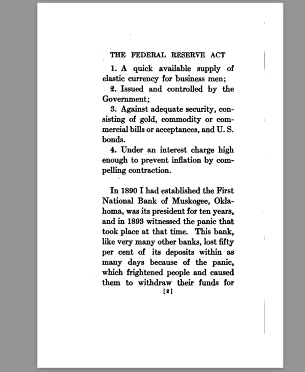 The federal reserve act By Hon ROBERT L OWEN   US Senator of Oklahoma chairman of the US Seante committee on banking and currency   1919 5