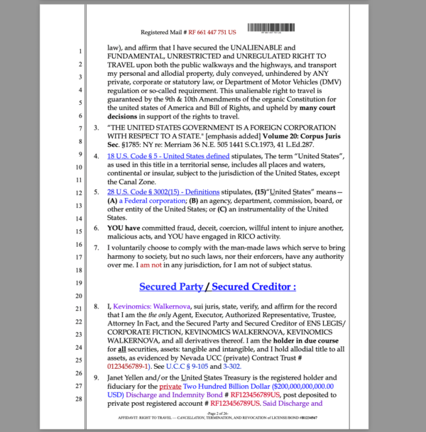 AFFIDAVIT   RIGHT TO TRAVEL   REVOCAITON OF COMMERCIAL FOR HIRE LICENSE