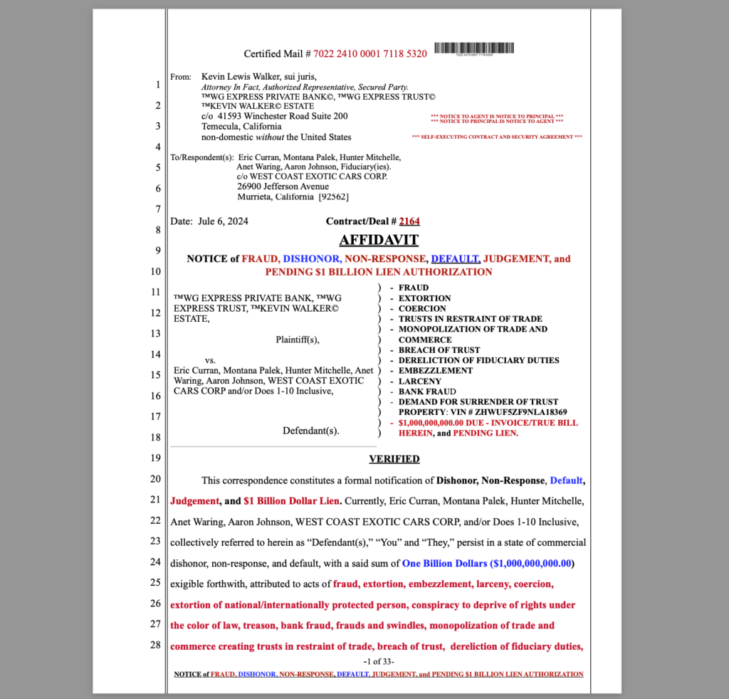 Riverside County West Coast Exotic Cars Faces $1.979 Billion Lawsuit Unchecked Fraud and Racketeering Exposed in Unrebutted Affidavits 2