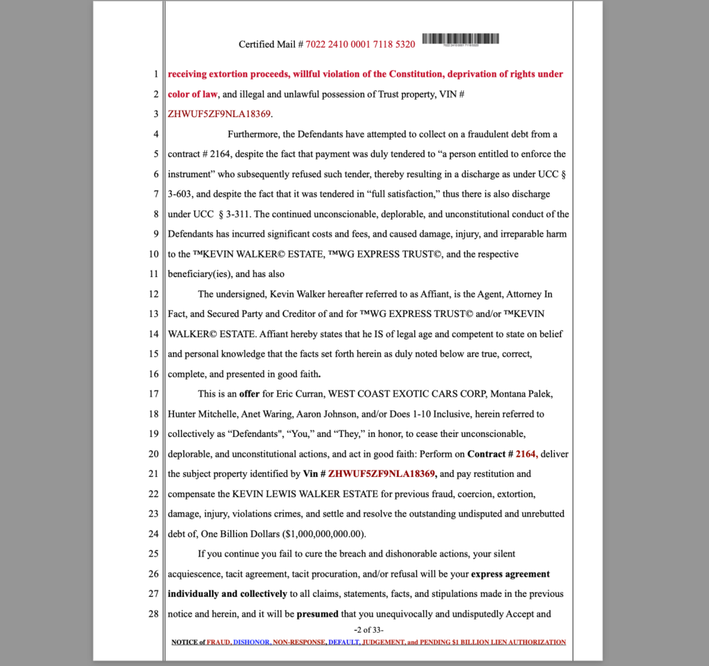 Riverside County West Coast Exotic Cars Faces $1.979 Billion Lawsuit Unchecked Fraud and Racketeering Exposed in Unrebutted Affidavits 33