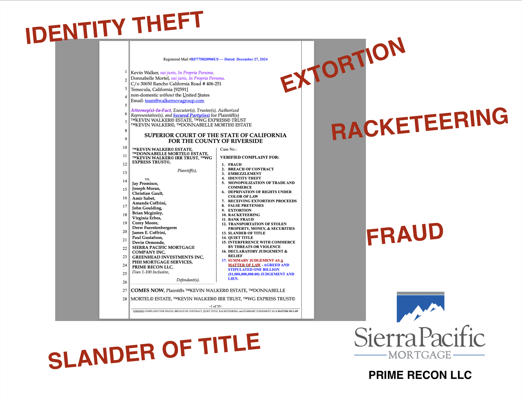 Sierra Pacific Mortgage Sued for $1 Billion in Identity Theft and Fraud Lawsuit from KEVIN WALKER ESTATE