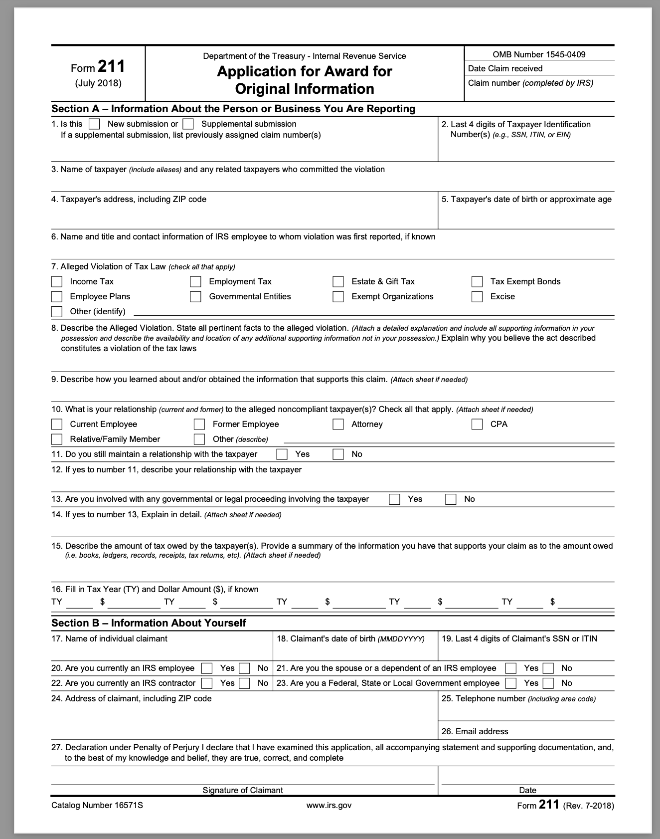 Using 'Department of the Treasury - Internal Revenue Service' Form 211: Whistleblower Rewards for Reporting Large-Scale Corruption