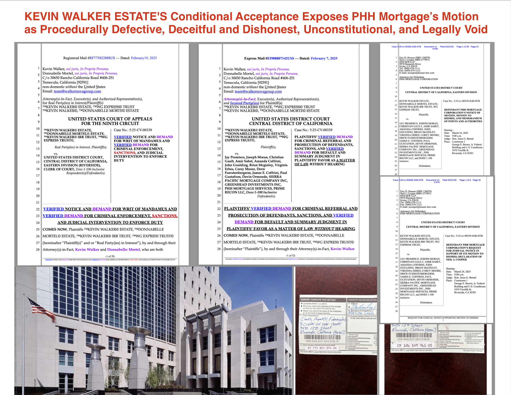 PHH Mortgage Corporation's Motion to Dismiss in Kevin Walker Estate, et al. v. PHH Mortgage Corporation, et al. is a glaring example of procedural misconduct, constitutional violations, and a deliberate attempt to obstruct justice. The Plaintiffs have conditionally accepted PHH Mortgage’s non-compliant filing, thereby tendering a binding counteroffer that PHH must now rebut. PHH’s continued silence and failure to rebut the conditional acceptance further compounds their non-performance and dishonor. Additionally, the Defendants’ filing violates multiple-defendant court rules, misrepresents the law, displays incompetence and a war against the Constitution, and constitutes blatant obstruction of justice.