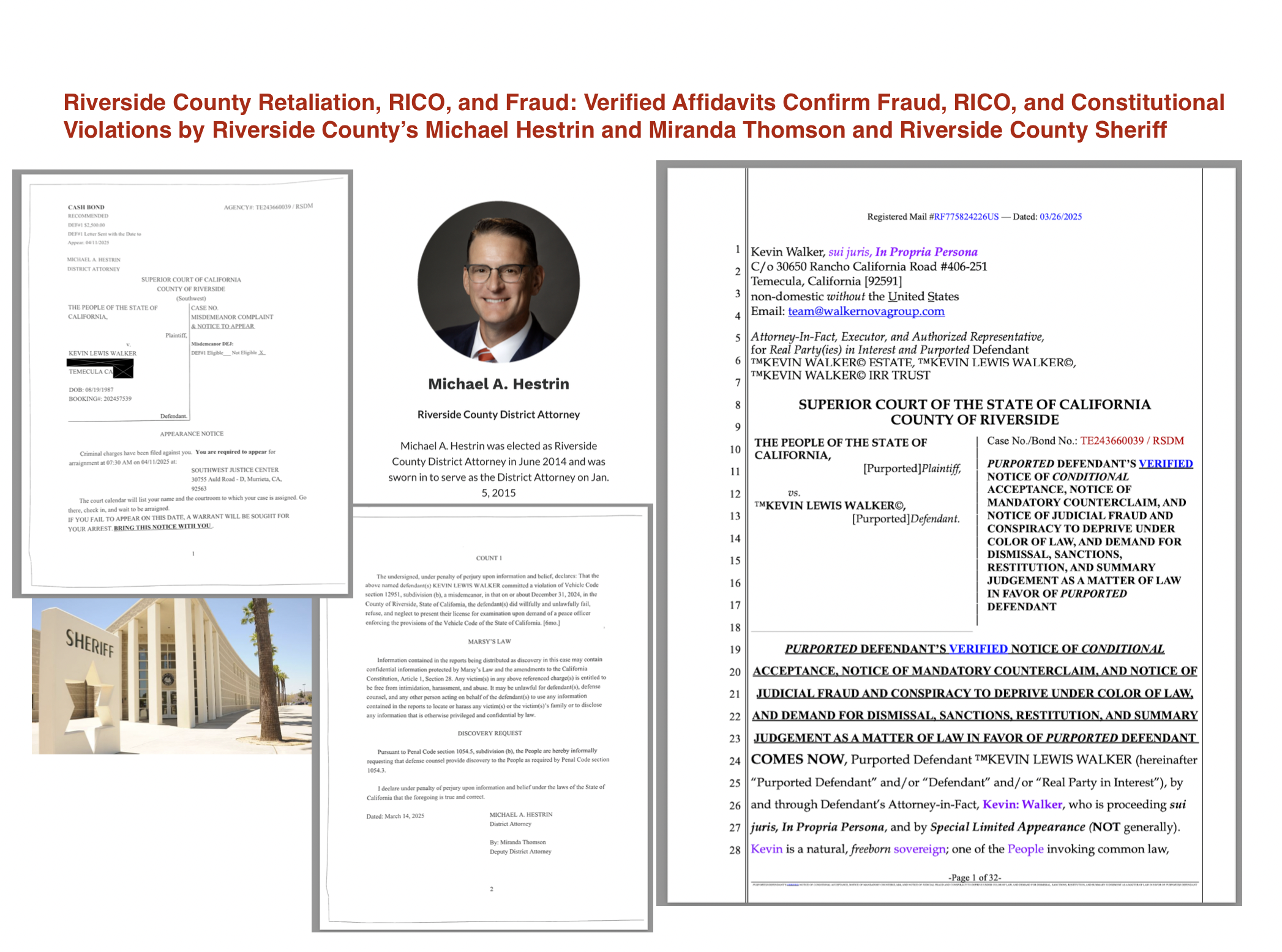 Riverside County Retaliation, RICO, and Fraud: Verified Affidavits Confirm Fraud, RICO, and Constitutional Violations by Riverside County’s Michael Hestrin and Miranda Thomson and Riverside County Sheriff