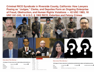 Criminal RICO Syndicate in Riverside County, California: How Lawyers Posing as “Judges,” Clerks, and Deputies Form an Ongoing Enterprise of Fraud, Obstruction, and Human Rights Violations — 42 USC 1984, 18 USC 241-242, RICO, Extortion and more