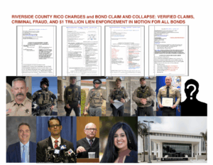 RIVERSIDE COUNTY RICO CHARGES and BOND CLAIM AND COLLAPSE: VERIFIED CLAIMS, CRIMINAL FRAUD, AND $1 TRILLION LIEN ENFORCEMENT IN MOTION FOR ALL BONDS